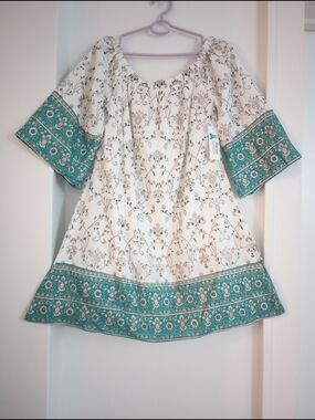 Lapogee Boho White Teal Green Floral Peasant Wide Long Sleeve Dress Size Medium